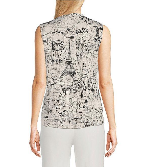 KARL LAGERFELD PARIS Sleeveless Tie Neck Printed Button Front Blouse Product Image