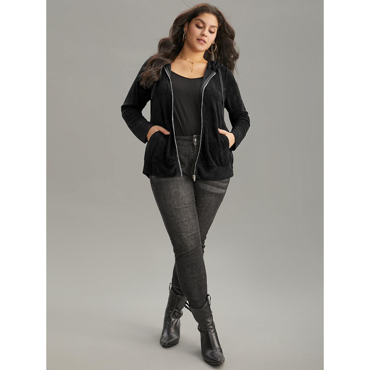 Plus Size Supersoft Essentials Solid Terry Hooded Zipper Sweatshirt Women Black Casual Plain Hooded Dailywear Sweatshirts BloomChic 28/5X Product Image