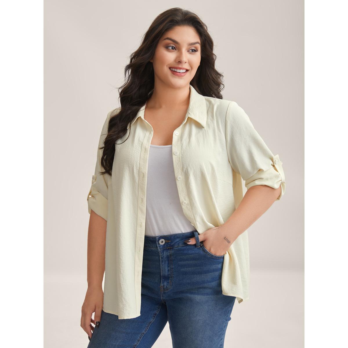 Plus Size Beige Bow Back Button Placket Solid Blouse Women Long Sleeve Shirt collar Casual Blouses BloomChic 22-24/3X Product Image