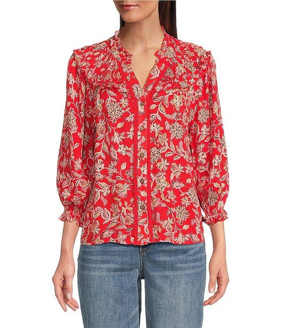 Democracy Woven Floral Split V-Neck 3/4 Blouson Sleeve Lace Inset Ruffle Trim Button-Front Top Product Image