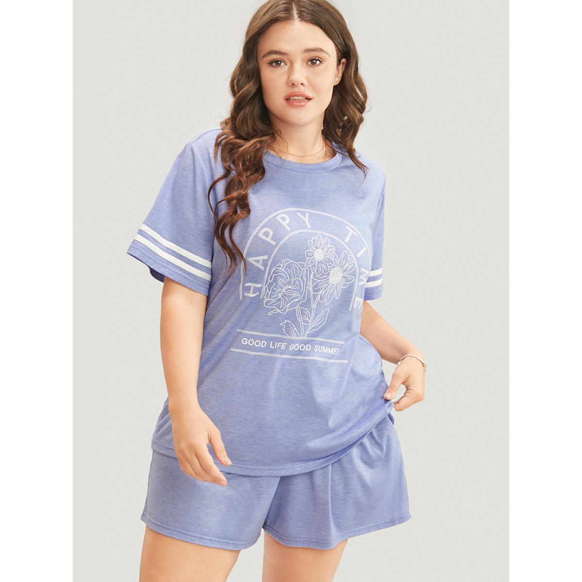 Plus Size Floral & Letter Print Contrast Round Neck Sleep Top Women LightBlue Casual Floral Contrast Round Neck Loungewear BloomChic 28/5X Product Image