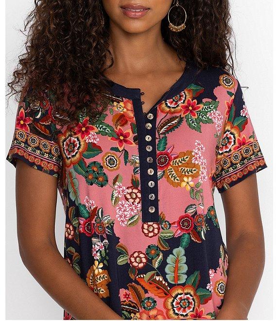 JOHNNY WAS Janie Favorite Knit Jersey Floral Print Crew Neck Short Sleeve Henley Tee Shirt Product Image