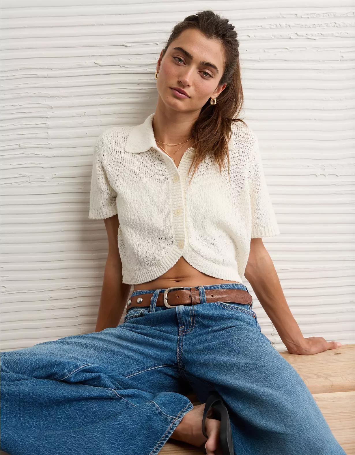 AE Short-Sleeve Collared Button-Up Cardigan Product Image