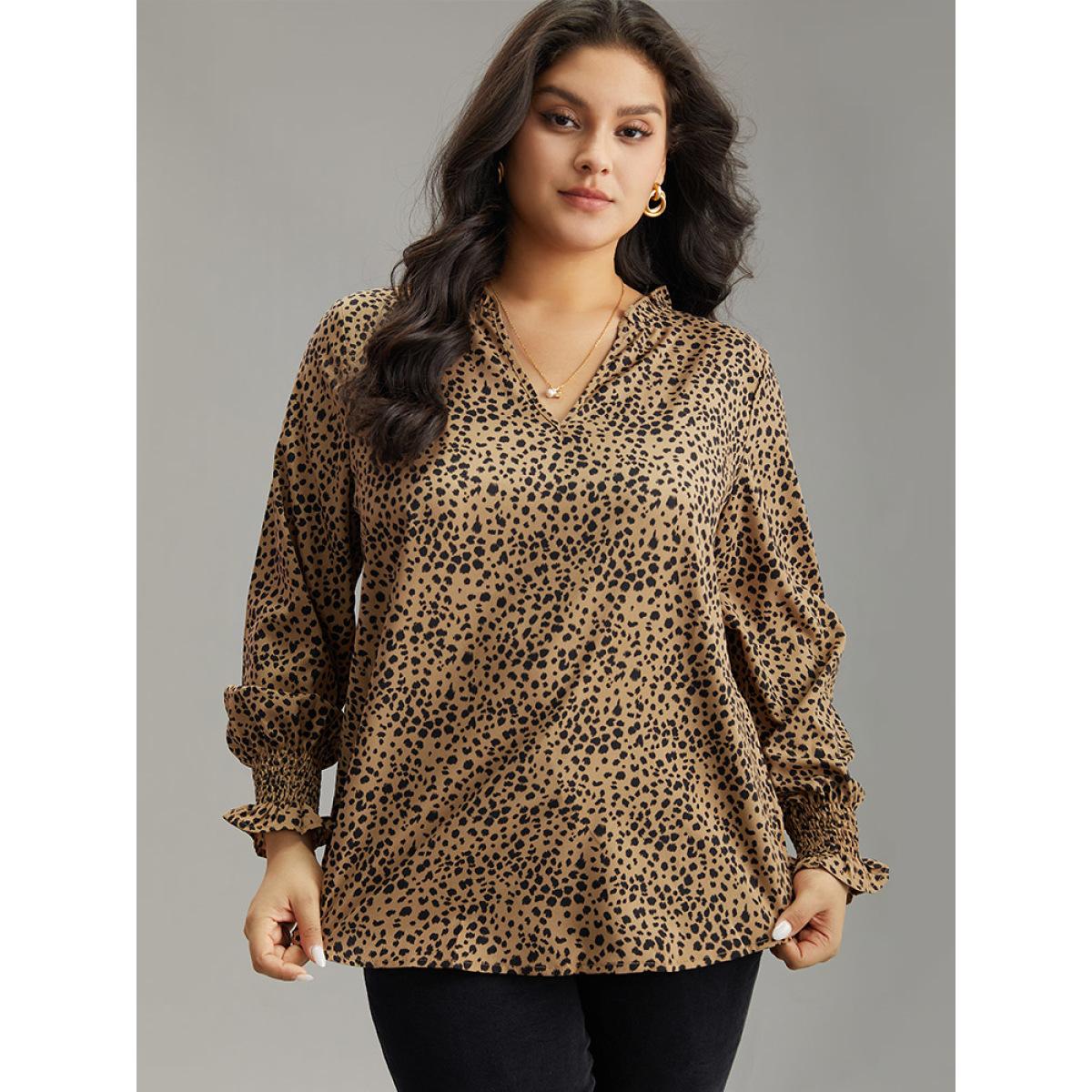 Plus Size Brown Leopard Shirred Notched Lantern Sleeve Blouse Women Elegant Long Sleeve Notched collar Dailywear Blouses BloomChic 22-24/3X Product Image