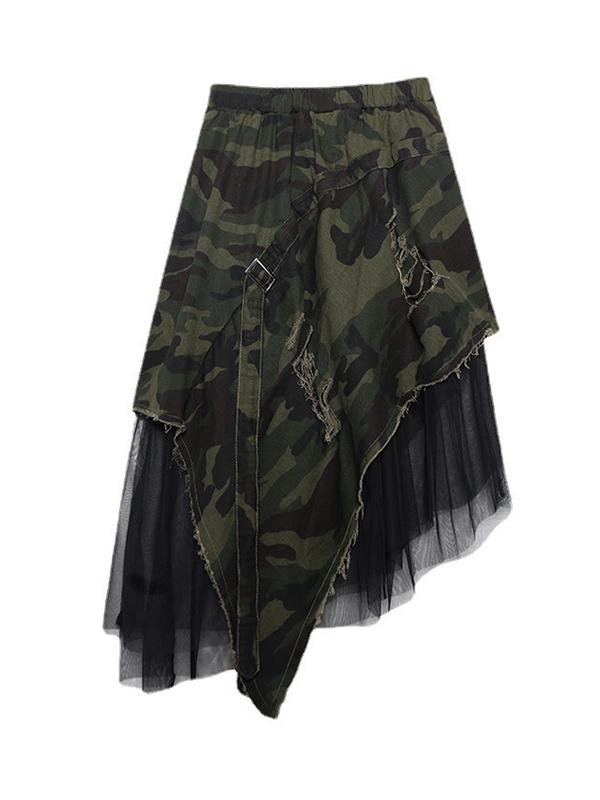 A-Line Loose Asymmetric Camouflage Elasticity Fringed Mesh Split-Joint Skirts Bottoms Product Image