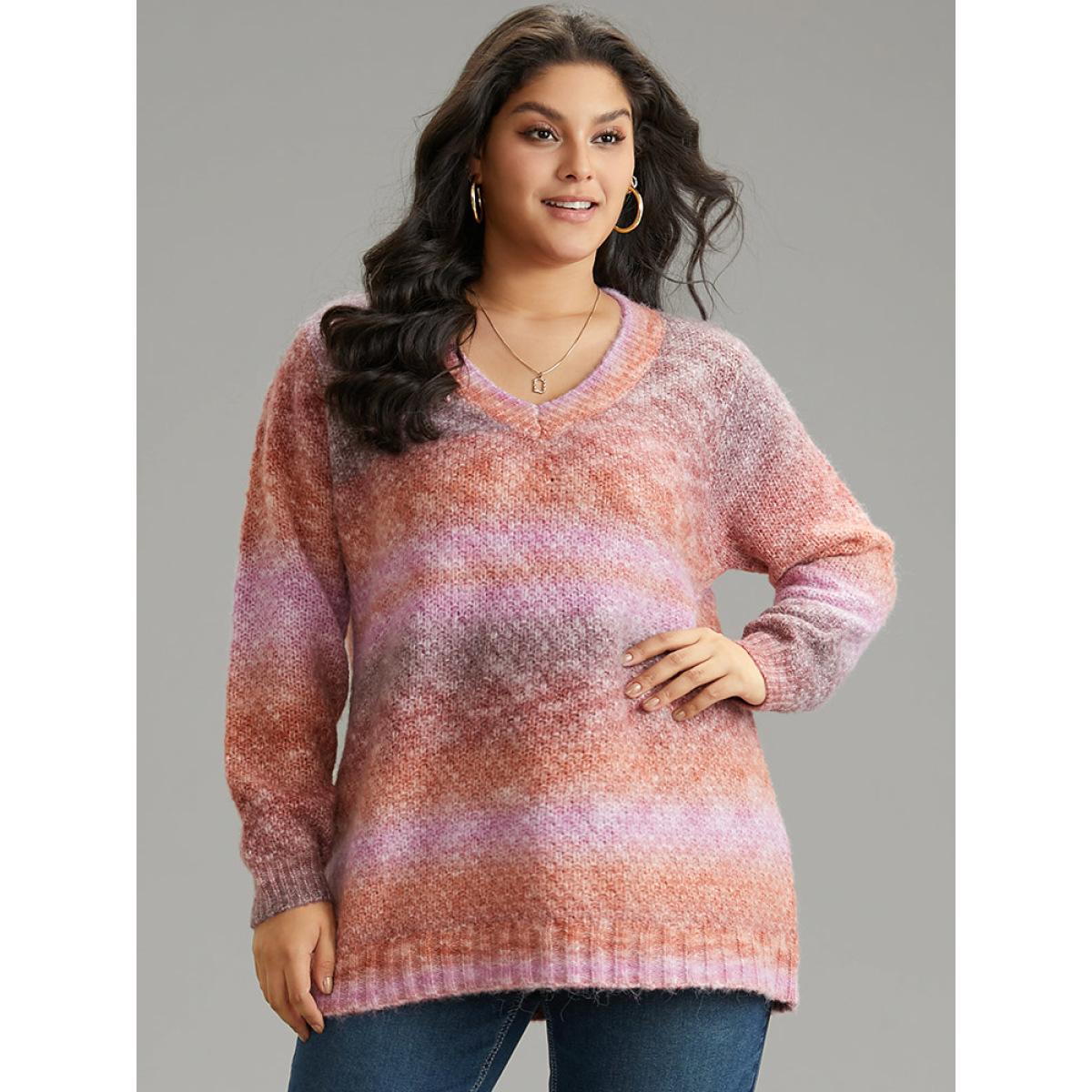 Plus Size Ombre Heather V Neck Pullover Multicolor Women Casual Loose Long Sleeve V-neck Dailywear Pullovers BloomChic 30/6X Product Image