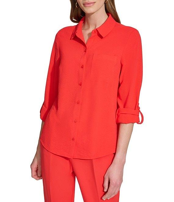 DKNY by Donna Karan Point Collar Roll Tab 3/4 Sleeve Button Down Shirt Product Image
