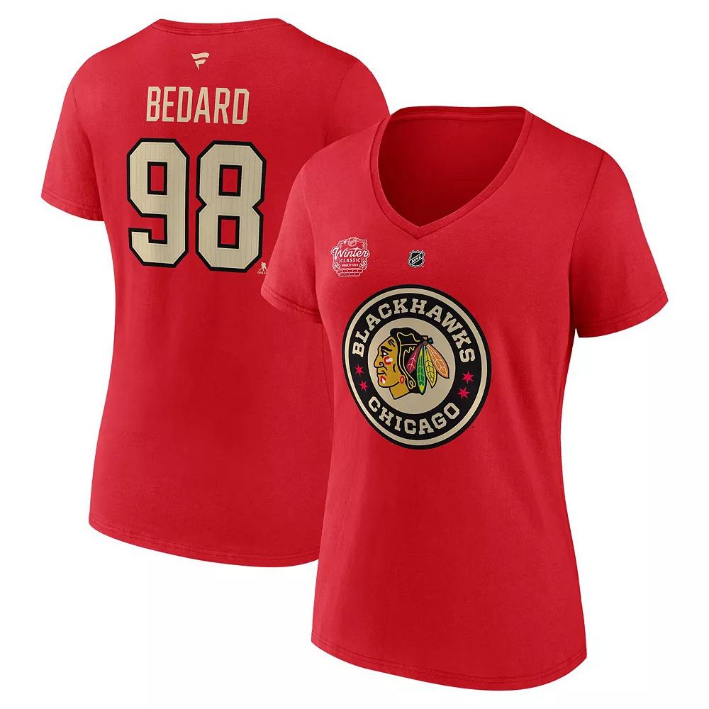 Women's Fanatics Connor Bedard Red Chicago Blackhawks 2025 NHL Winter Classic Authentic Stack Name & Number V-Neck T-Shirt, Size: Medium Product Image