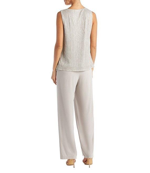 R & M Richards Petite Size Pleated Metallic Scoop Neck 3/4 Sleeve 2-Piece Pant Set Product Image