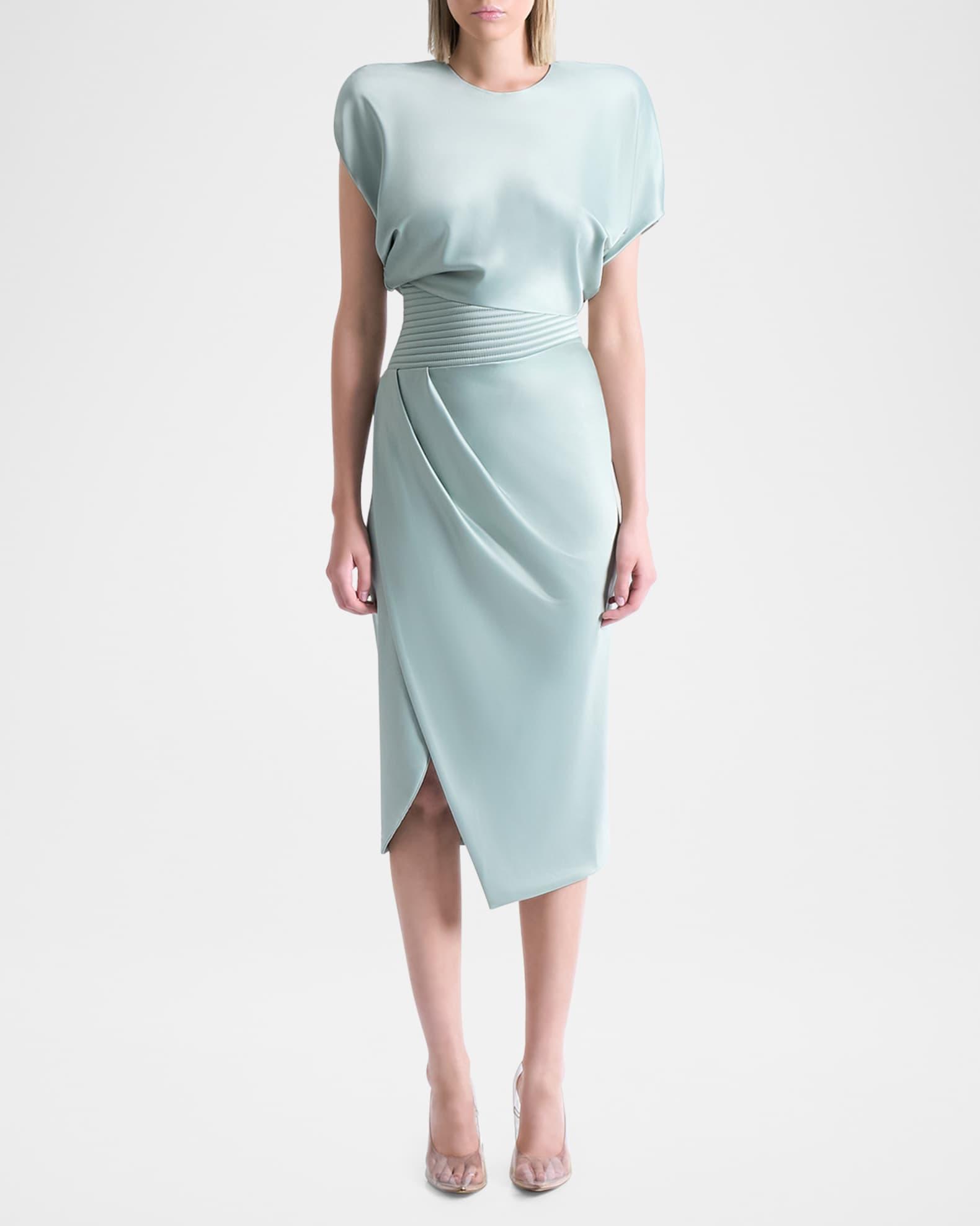 Bond Draped Stretch Satin Midi Sheath Dress Product Image
