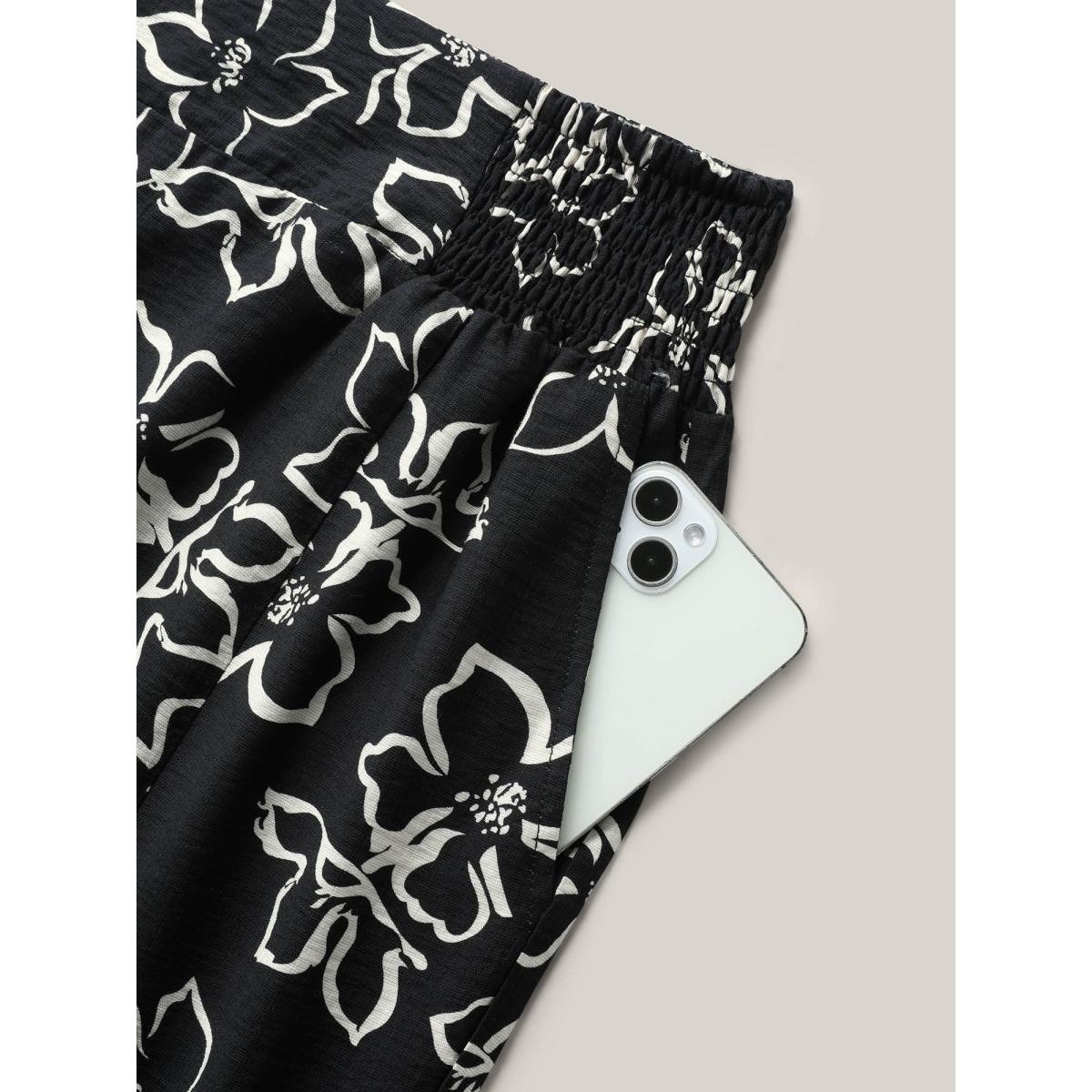 Plus Size Floral Shirred Waist Wide-Leg Pants Women BlackFlower Resort Wide Leg Mid Rise Vacation Pants BloomChic 18-20/2X Product Image