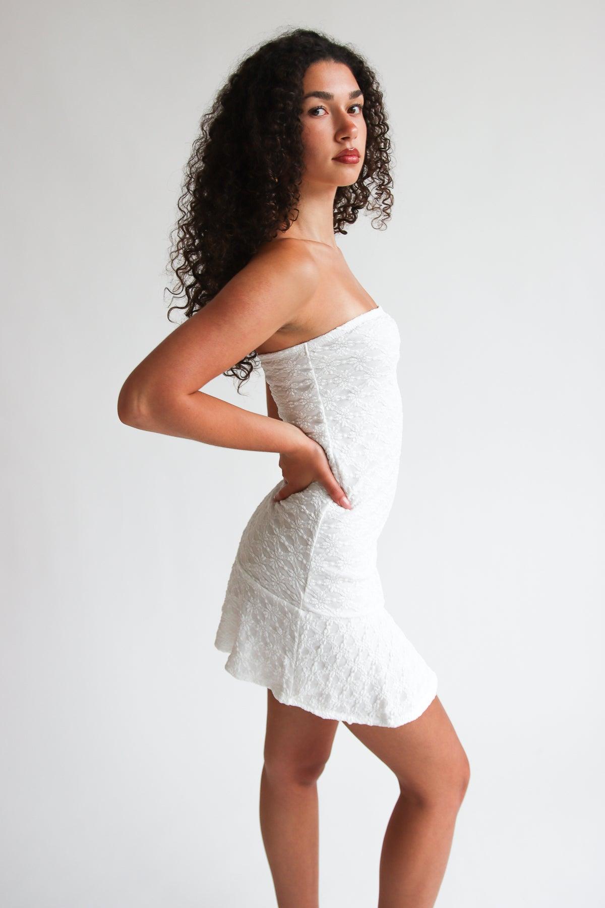 Strapless Split Hem Lace Mini Dress Product Image