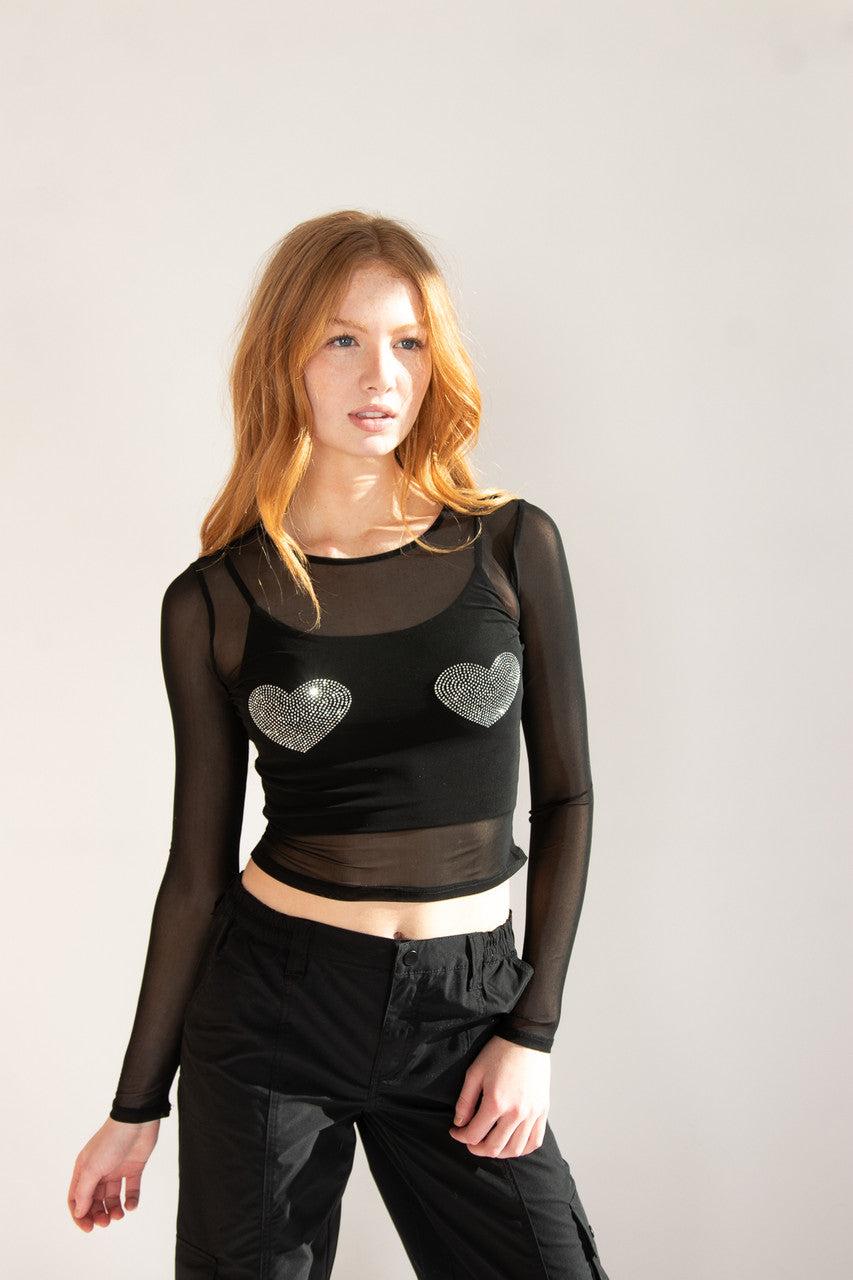 Crystal Hearts Mesh Long Sleeve Top Product Image