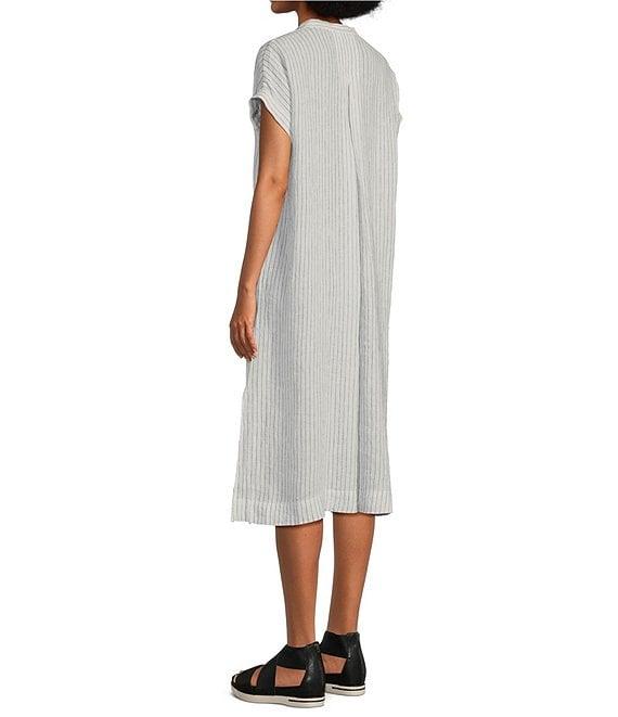 Eileen Fisher Puckered Organic Linen Stripe Mandarin Collar Short Sleeve Midi Dress Product Image