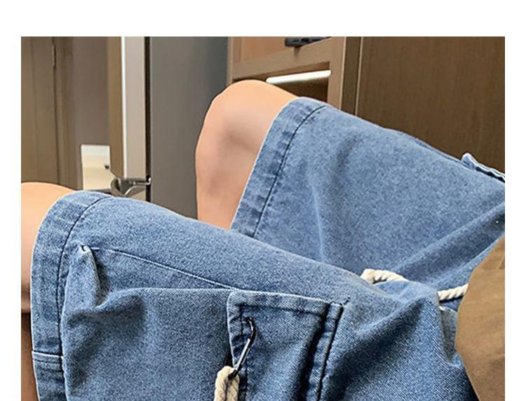 Drawstring Waist Washed Denim Wide Leg Cargo Shorts Product Image