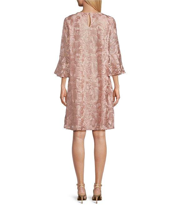 Caroline Rose Bella Soiree Embroidered Mesh Lace 3/4 Bell Sleeve Shift Dress Product Image