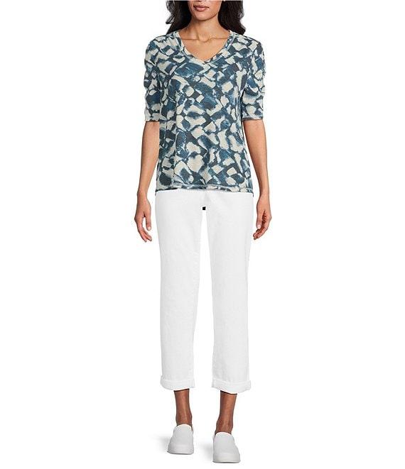 Westbound Bias Grid Ruched Short Sleeve V-Neck Top Product Image