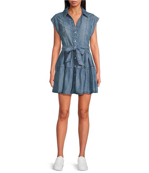 ELAN Point Collar Neck Cap Sleeve Belted Button Front Denim Shirt Dress Product Image