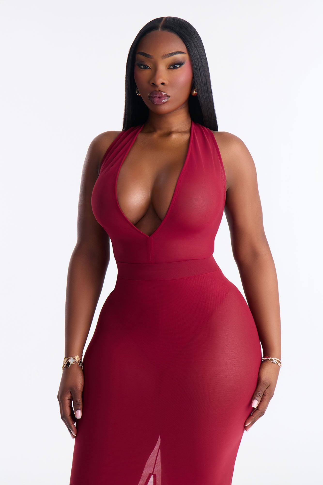 Power Mesh Deep V Neck Sleeveless Bodysuit - DarkRed Female Product Image