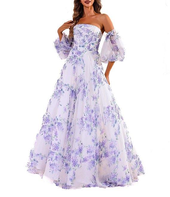 Terani Couture Off-The-Shoulder Puff Sleeve Floral Print Organza Ballgown Product Image