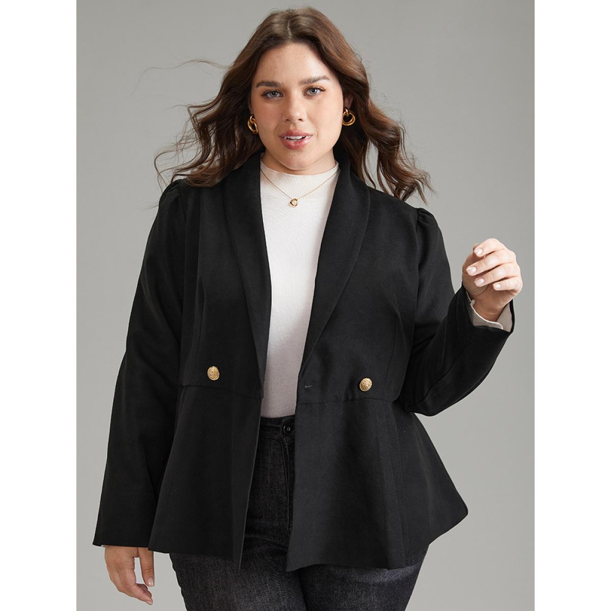 Plus Size Lapel Collar Plicated Detail Button Up Blazer Black Women Office Plain Lined Sleeve Long Sleeve Lapel Collar 12/L Workwear Essentials Blazers BloomChic Product Image