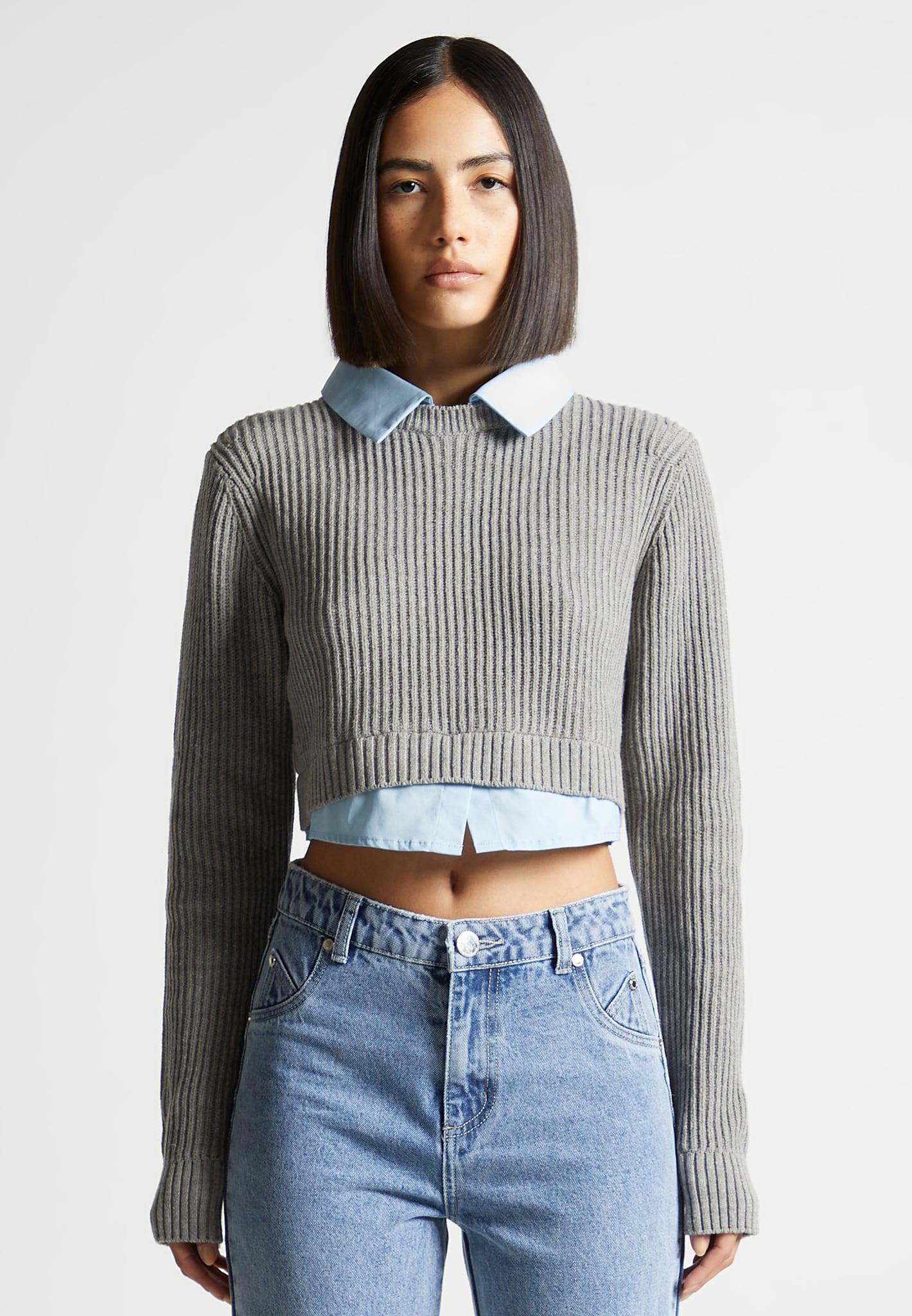 Knitted Jumper with Shirt Detail - Blue/Grey Female Product Image