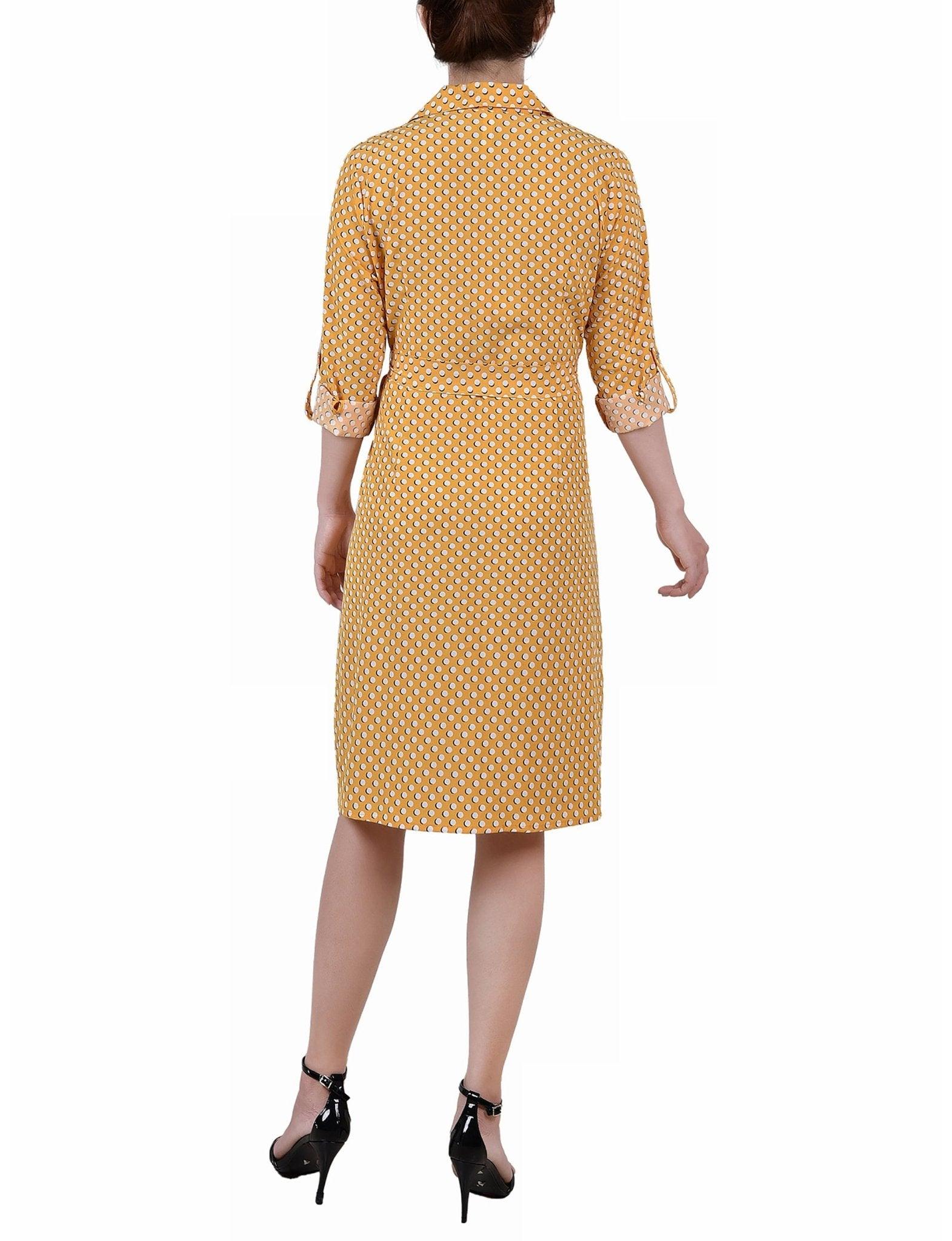 Cypress Inca Gold Navy Zigzag 3/4 Roll Tab Sleeve Belted Shirtdress - Petite Product Image