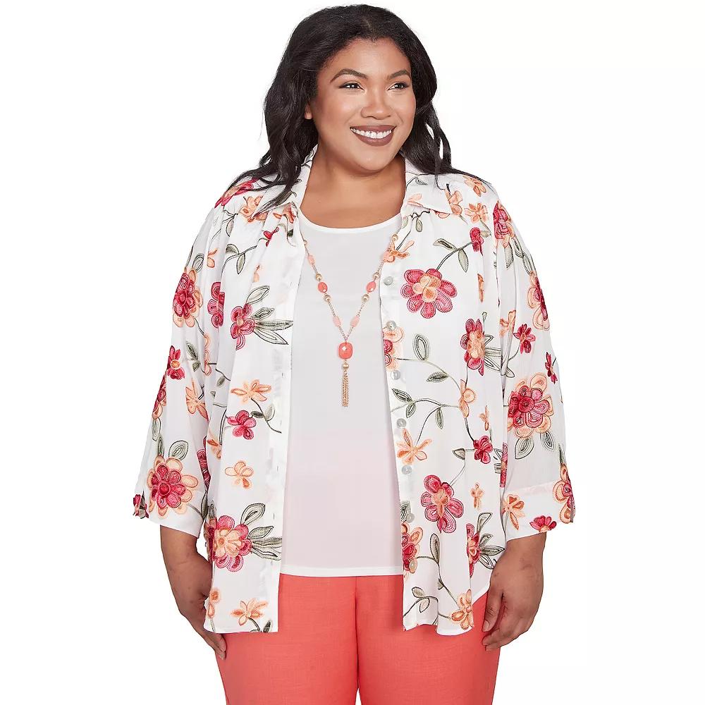 Plus Size Alfred Dunner Bright Floral Two-In-One Top with Necklace, Women's, Size: 2XL, White Product Image