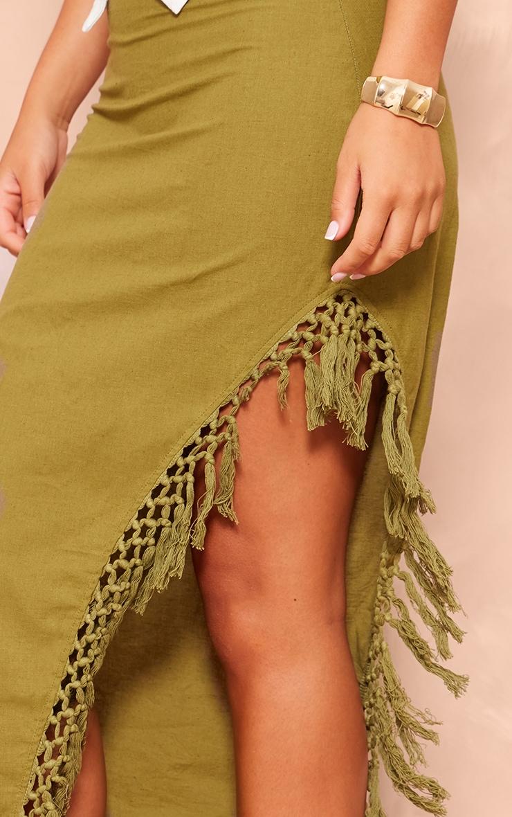 Khaki Linen Look Tassel Hem Thigh Split Maxi Skirt Product Image