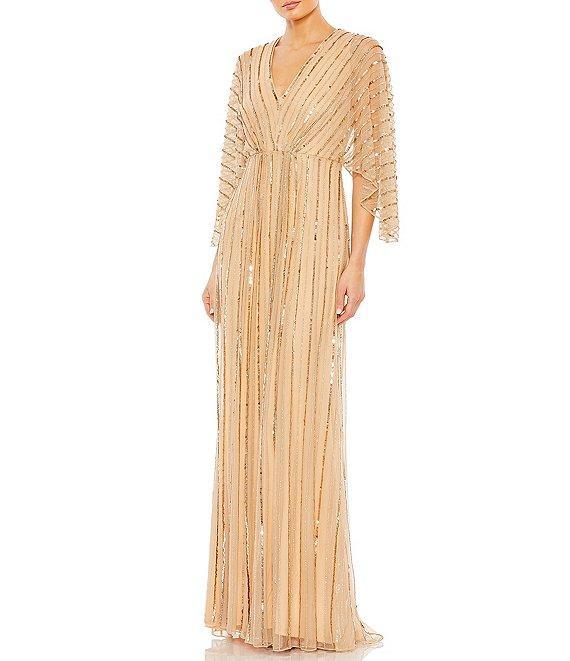 Mac Duggal Beaded Stripe 3/4 Kimono Sleeve V-Neck Gown Product Image