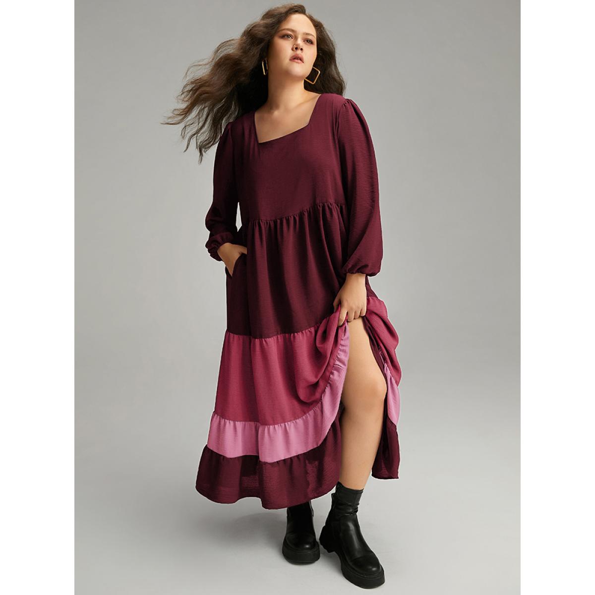 Plus Size Colorblock Contrast Square Neck Ruffle Layered Hem Dress Scarlet Women Casual Elastic cuffs Square Neck Long Sleeve Curvy Long Dress BloomChic 10/M Product Image