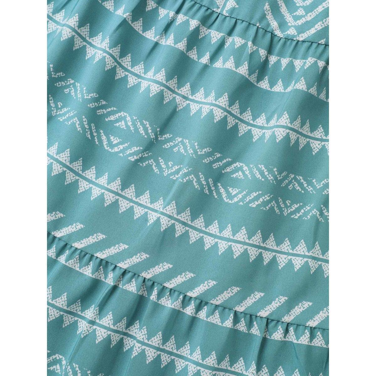 Plus Size Boho Stripe Print Stretchy Waist Midi Dress Turquoise Women Resort Button Flat collar with V-notch Half Sleeve Curvy BloomChic 12/L Product Image