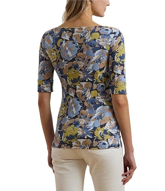 Lauren Ralph Lauren Stretch Cotton Floral Boatneck Elbow-Length Sleeve T-Shirt Product Image