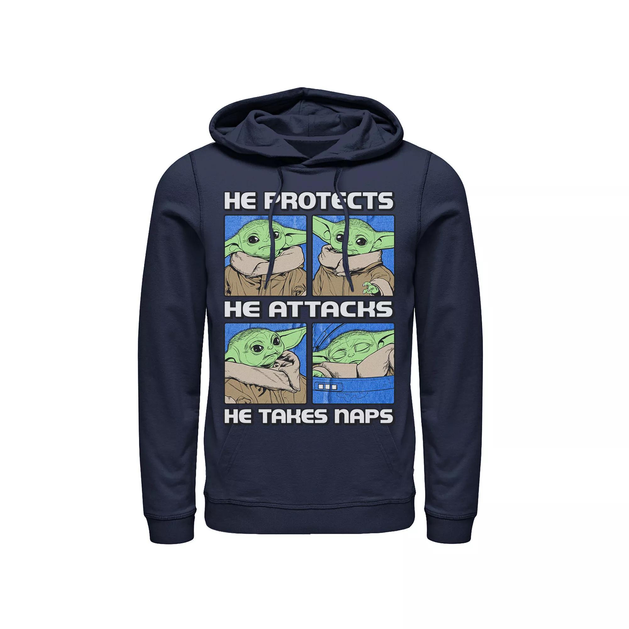 Men's Star Wars: The Mandalorian The Child "He Protects He Attacks He Takes Naps" Box Up Hoodie,  Product Image