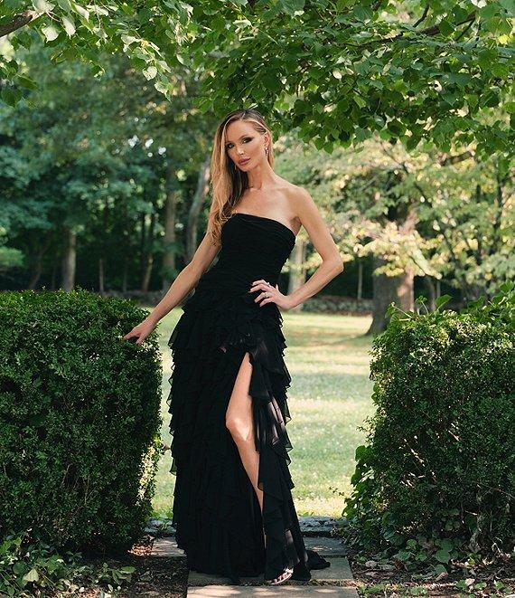 Muse by Marchesa Dahlia Chiffon Ruched Cascading Ruffle Strapless A-Line Maxi Dress Product Image