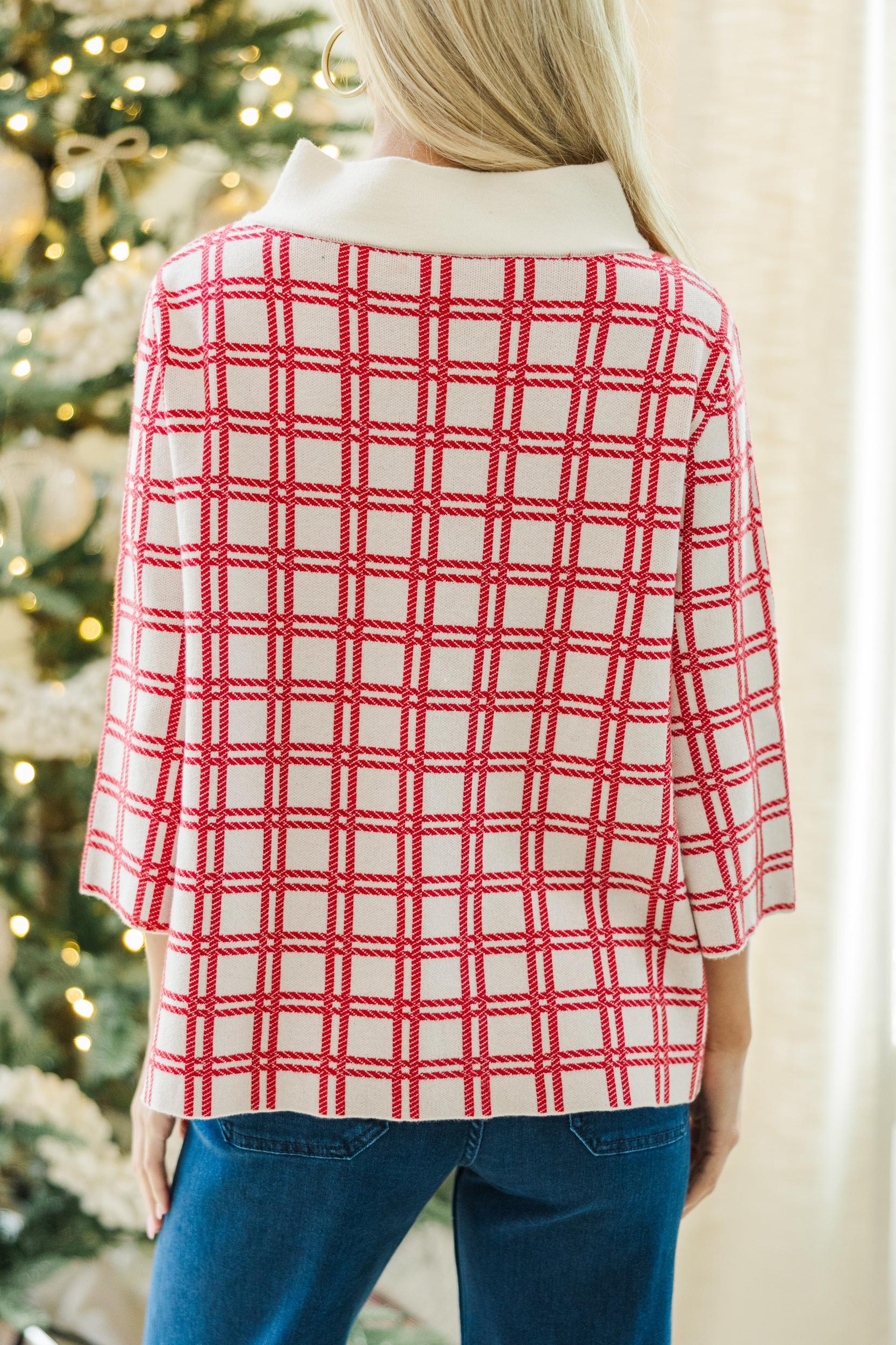 Just A Feeling Red Plaid Mock Neck Sweater Female Product Image
