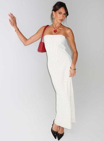 Just For Fun Strapless Maxi Dress White Polka Dot Product Image