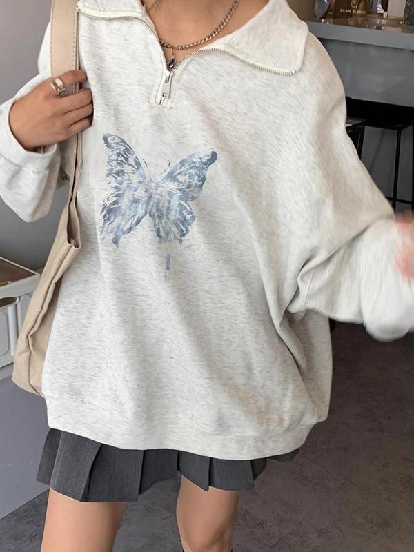 Vintage Butterfly Print Half Zipper Sweatshirt Product Image