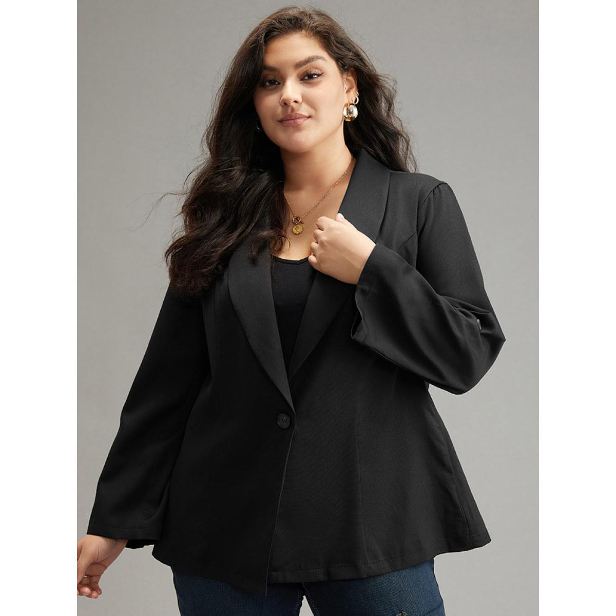 Plus Size Plain Roll Tab Sleeve Lapel Collar Blazer Black Women Dailywear Plain Plain Sleeve Long Sleeve Lapel Collar 14-16/1X Casual Blazers BloomChic Product Image