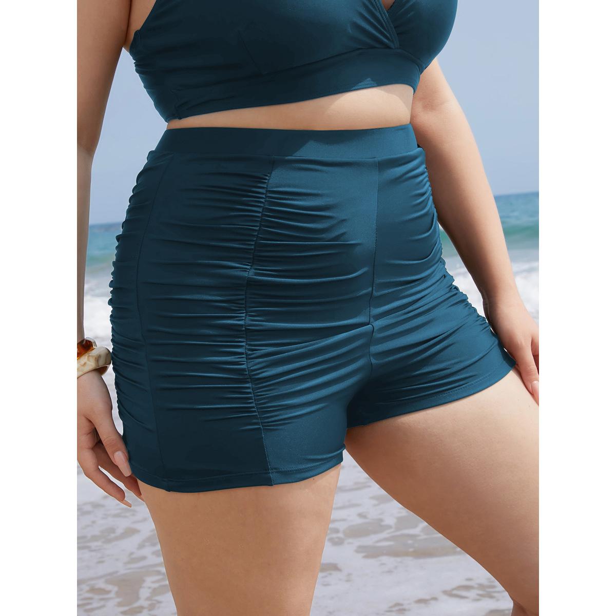 Plus Size Solid High Waist Ruched Detail Swim Shorts Women's Swimwear Cyan Beach Gathered High stretch Skinny High Rise Curve Swim Bottoms BloomChic 10/M Product Image