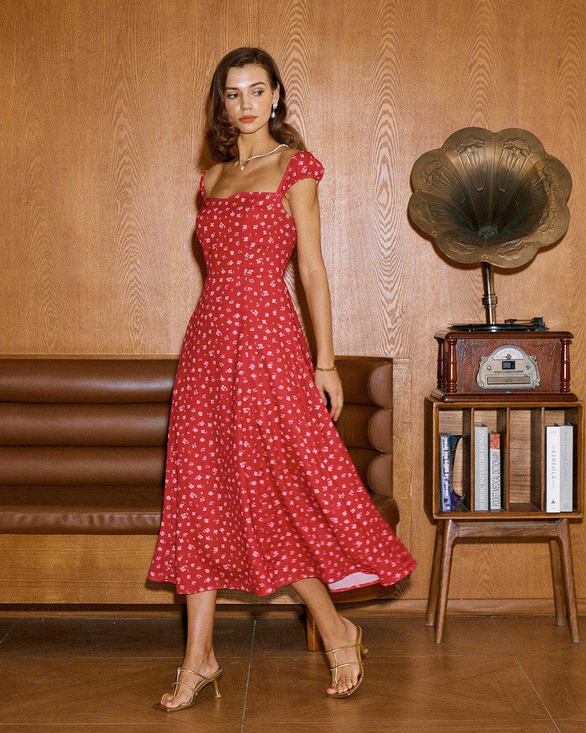 Red Floral Sweetheart Neck Cap Sleeve Midi Dress Product Image