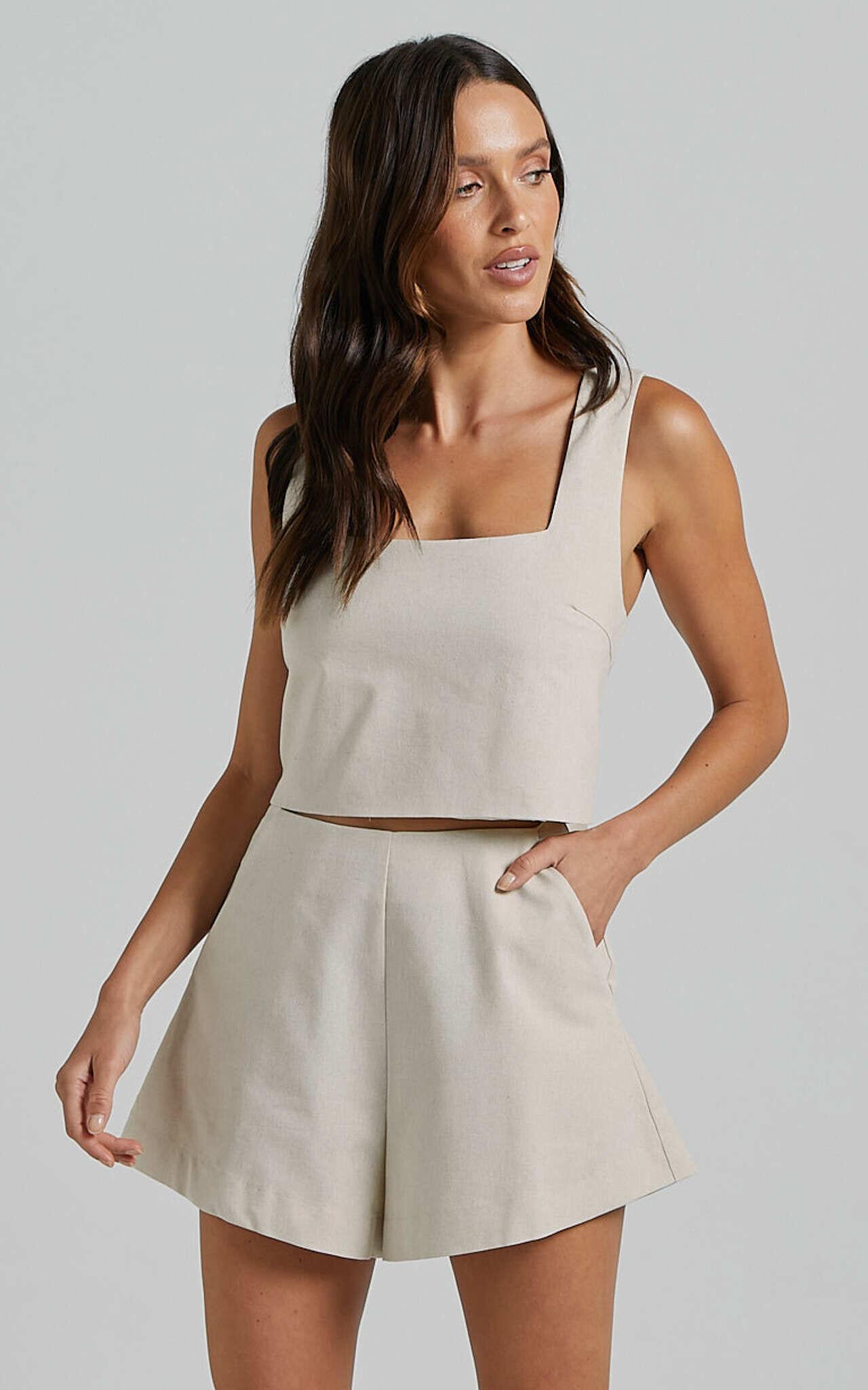 Salvador Two Piece Set - Linen Sleeveless Crop Top and High Waisted Tailored Shorts in Oatmeal Product Image