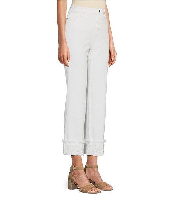 John Mark Floral Embroidered Fringe Hem Straight Leg Pants Product Image