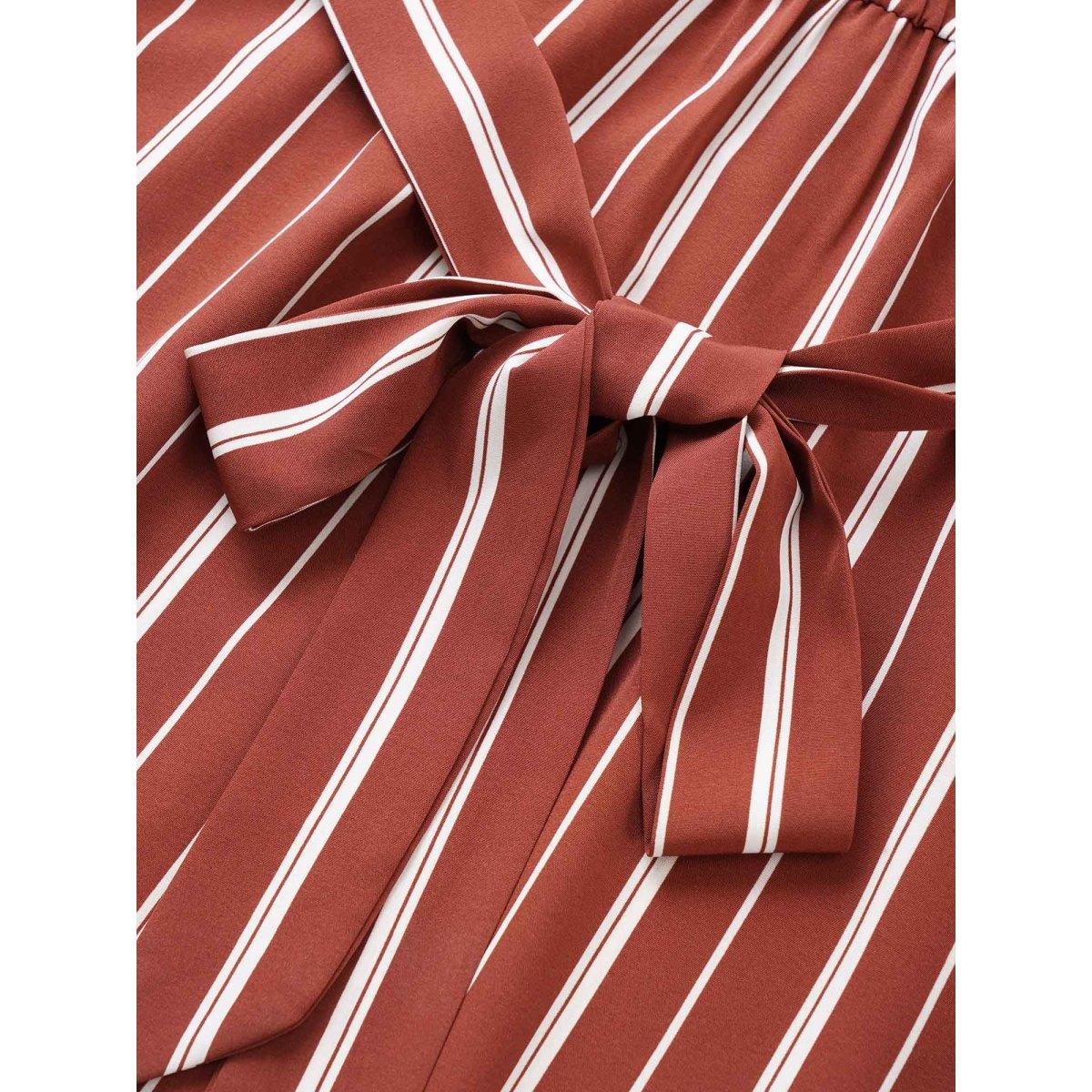 Plus Size Striped Keyhole Pocket Belted Elastic Waist Dress Russet Women At the Office Non Notched collar Half Sleeve Curvy Midi Dress BloomChic 18-20/2X Product Image