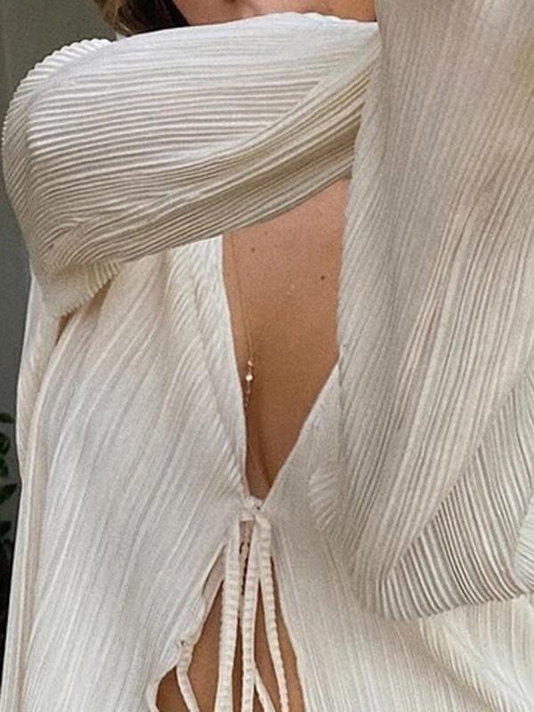 Long Sleeves Loose Lace-Up Pleated Solid Color Split-Joint Deep V-Neck Blouses&Shirts Tops Product Image