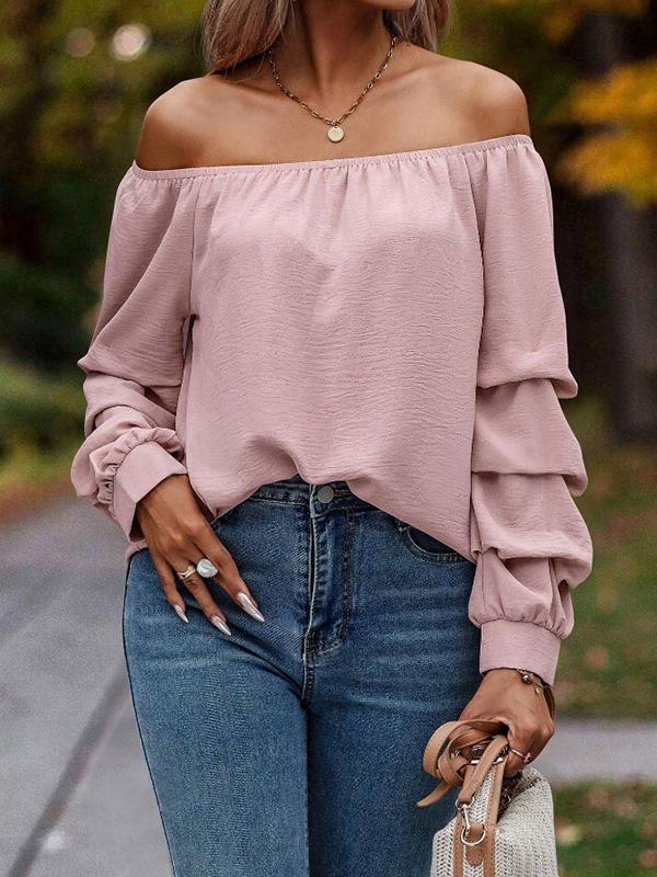 Long Sleeves Loose Elasticity Pleated Solid Color Off-The-Shoulder Blouses&Shirts Tops Product Image
