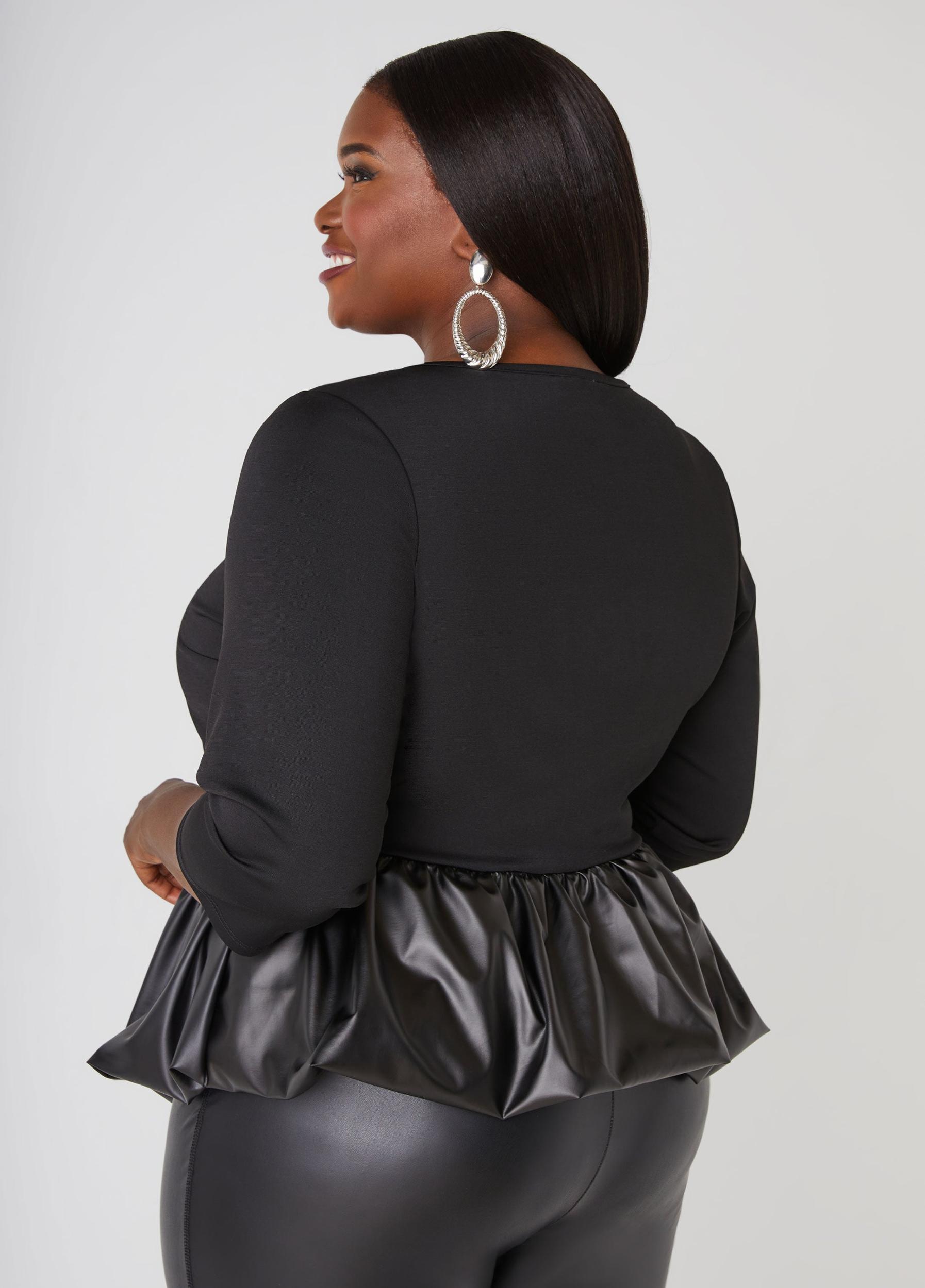 Plus Size Faux Leather Paneled Bubble Top Ashley Stewart Product Image