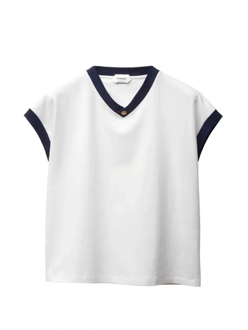 VERSACE Stretch Cotton V Neck Slim Fit T Shirt In White Product Image