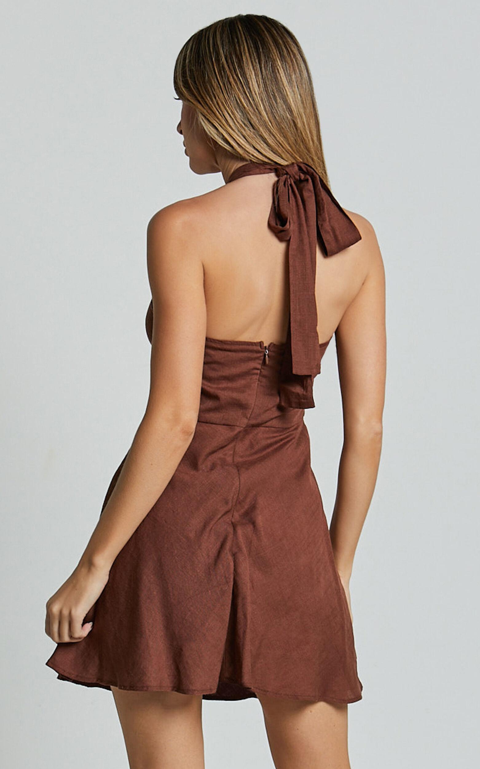 Louie Mini Dress - Linen Halter Neck Dress in Chocolate Product Image