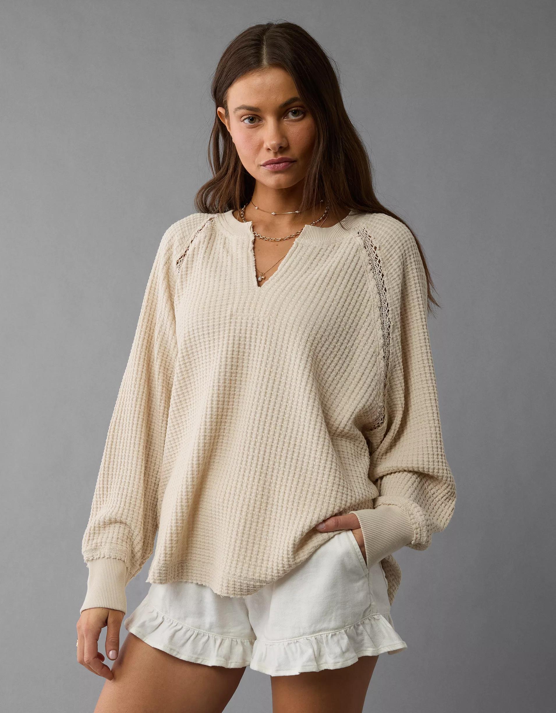 AE Big Hug Notch Neck Waffle Sweatshirt Product Image